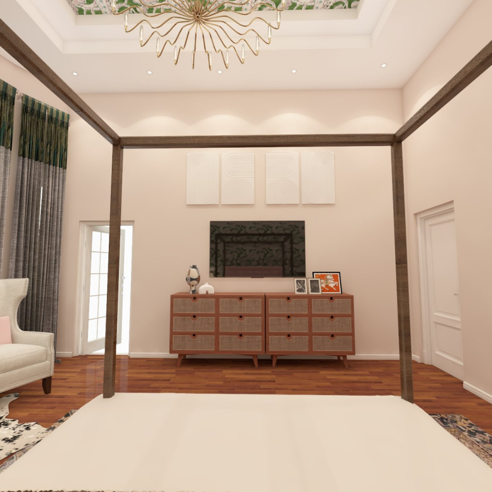 Exemple d'une grande chambre parentale éclectique avec un mur vert, parquet foncé, un sol marron, un plafond voûté et du lambris.