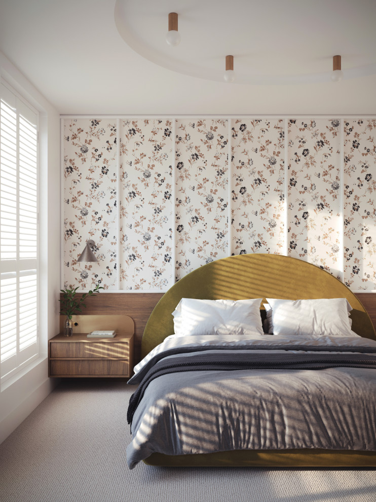 Идея дизайна: хозяйская спальня среднего размера в современном стиле с ковровым покрытием, многоуровневым потолком и обоями на стенах