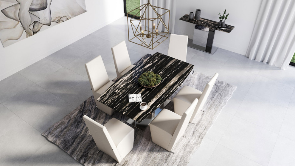 Tulare Modern Dining Table with Marble Top and Mirrored Base - Black