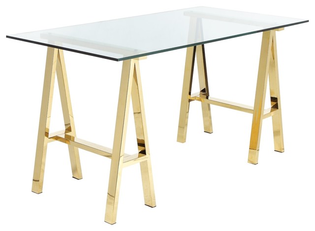 Glass Writing Desk With Metal Sawhorse Style Legs Gold And Clear