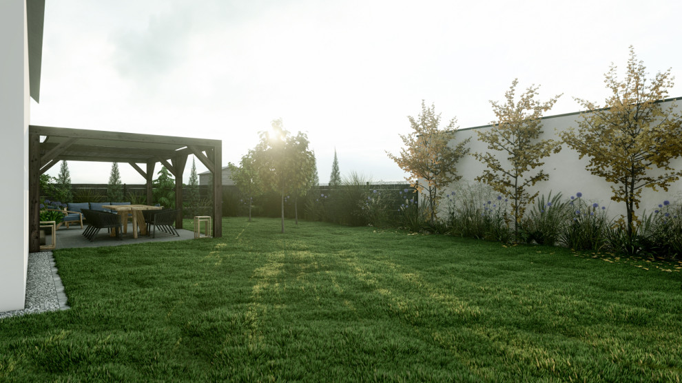 Cette photo montre un jardin avec pergola nature de taille moyenne et l'été avec une exposition ensoleillée.