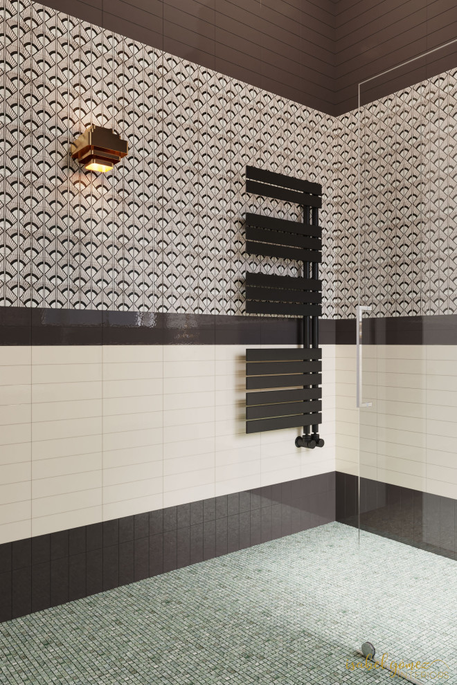 Стильный дизайн: ванная комната в скандинавском стиле с зелеными фасадами, душем без бортиков, инсталляцией, черной плиткой, плиткой мозаикой, белыми стенами, полом из мозаичной плитки, накладной раковиной, зеленым полом, тумбой под одну раковину и напольной тумбой - последний тренд
