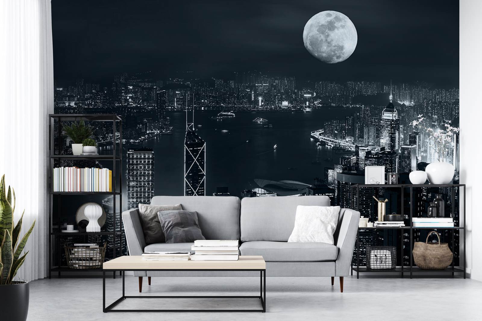Панорама ночного города в оформлении гостиной