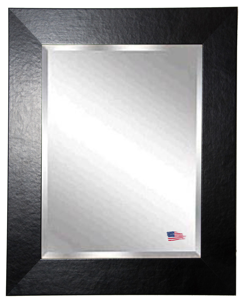 American Made Black Wide Leather Beveled Wall Mirror, 40x46