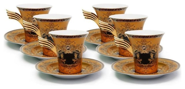 Royalty Porcelain Miniature Cofee Set for 6 Greek Key Pattern 24K Gold-plated