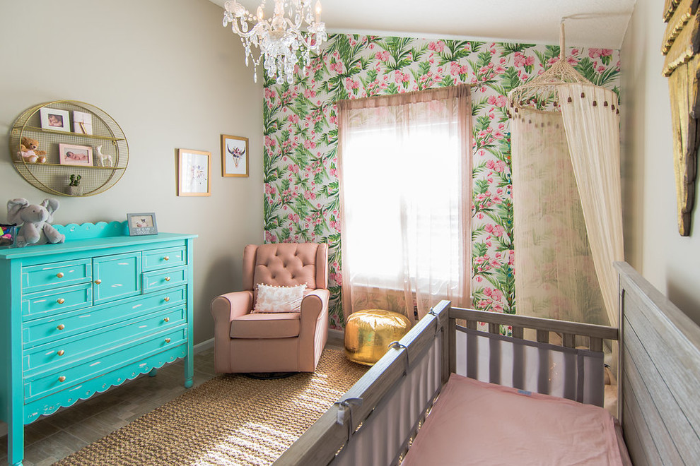 Design ideas for a mid-sized eclectic nursery for girls in Miami with ceramic floors and multi-coloured walls.