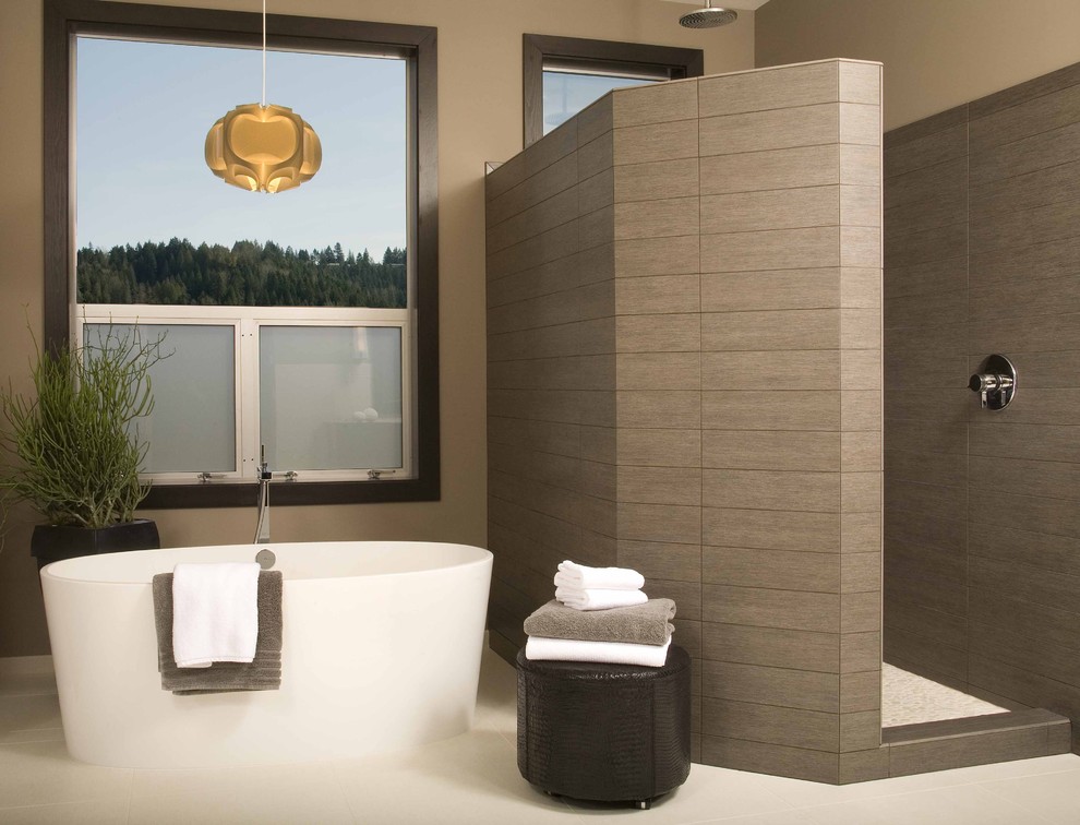 Inspiration for a contemporary bathroom in Seattle with a freestanding tub.