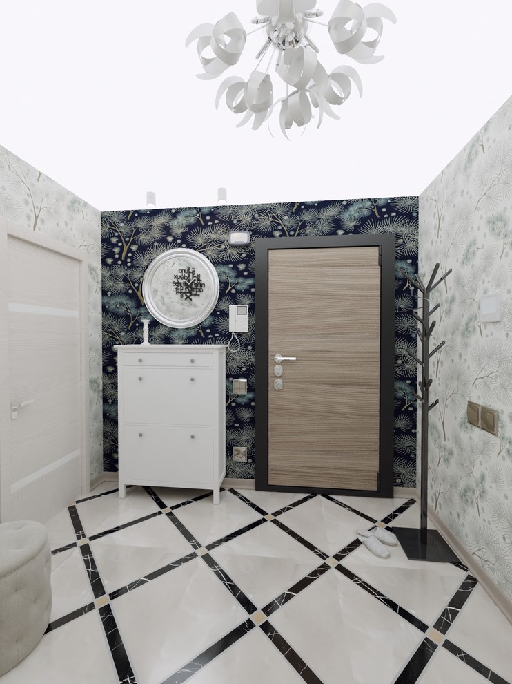 Прихожая однокомнатной квартиры для молодой пары с новорожденным в современном с