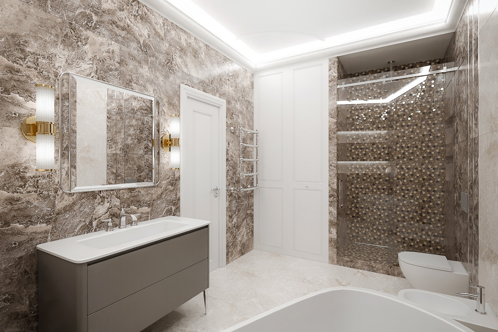 Photo of a mid-sized transitional 3/4 bathroom in Moscow with flat-panel cabinets, a freestanding tub, a shower/bathtub combo, a wall-mount toilet, porcelain tile, brown walls, porcelain floors, multi-coloured floor, an open shower, a single vanity, multi-coloured tile, an integrated sink and a freestanding vanity.