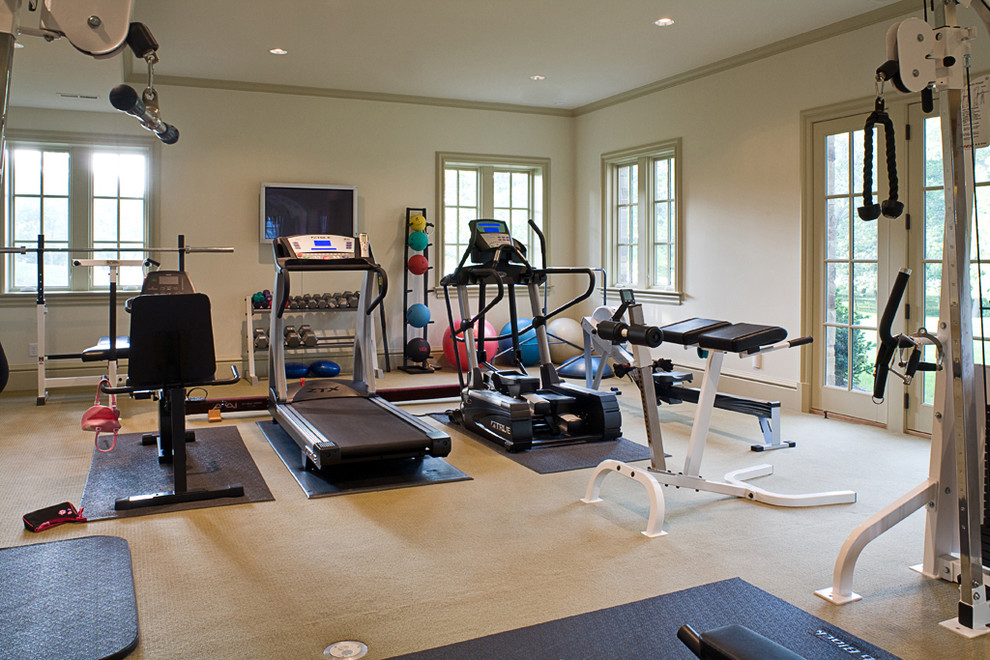 Design ideas for a large transitional home weight room in Indianapolis.