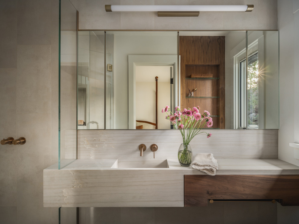 Example of a small mountain style beige tile and porcelain tile porcelain tile and single-sink alcove shower design with quartzite countertops, a hinged shower door, beige countertops and a floating vanity