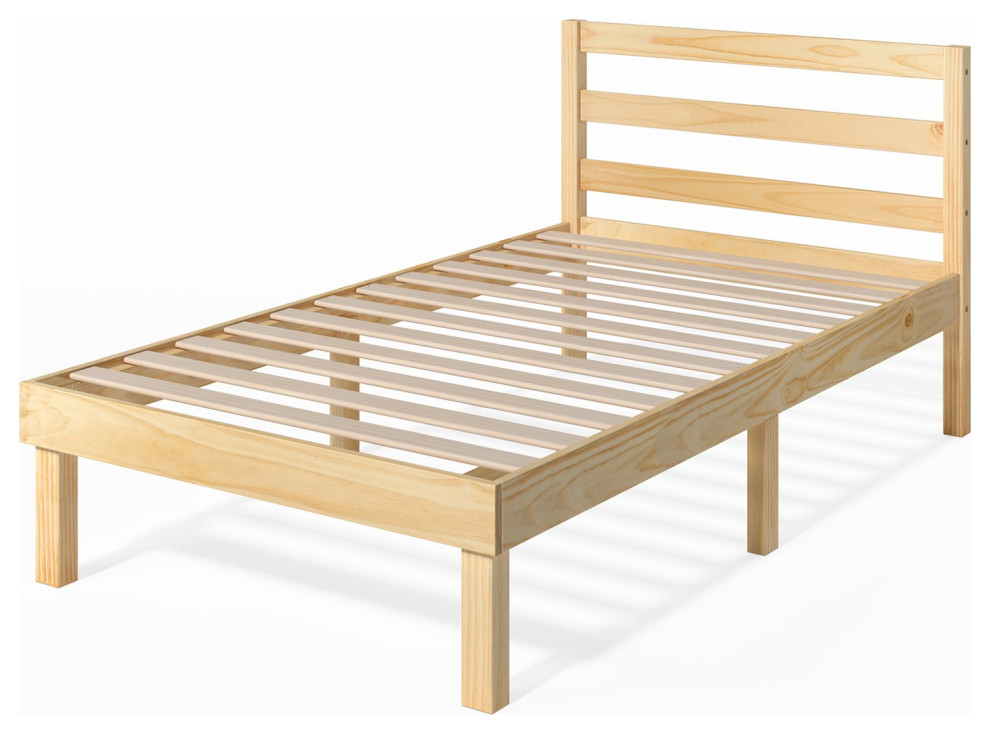 Traditional Platform Bed, Natural Pine Wood Frame With Slatted