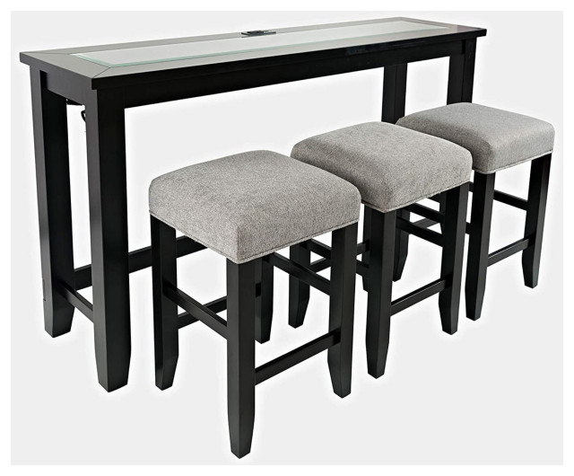 4 Pcs Pub Set, Padded Bar Stools & Table With Glass Insert & USB Ports