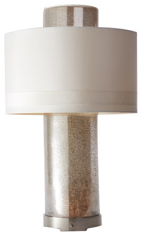 Midcentury Silver Mercury Glass Column Table Lamp, Cylinder White Shade