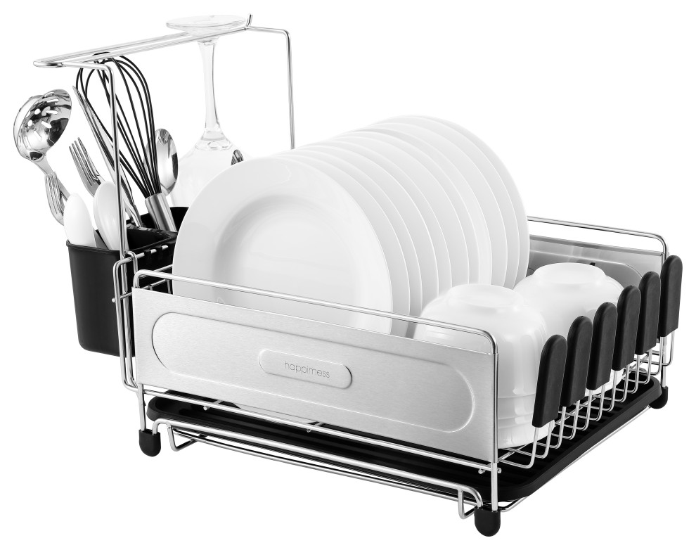 Compact 17.25" Stainless Steel Dish Rack With Wine Glass Holder, Steel/Black Dish Racks by
