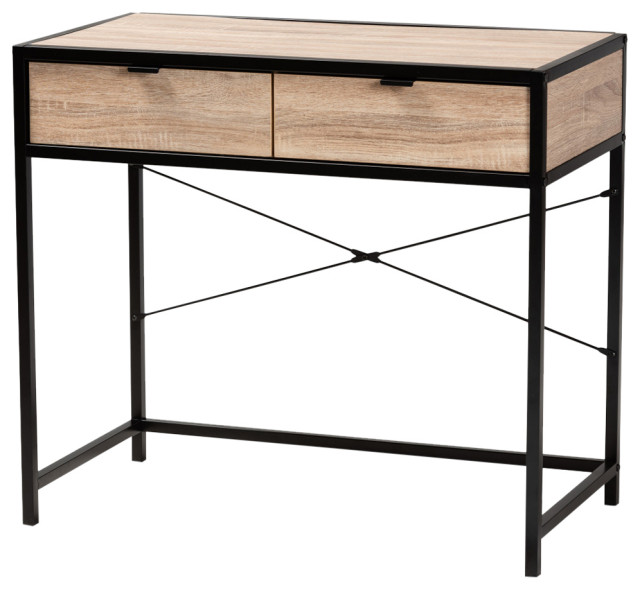 Lotye Industrial Natural Brown Wood and Black Metal 2-Drawer Desk