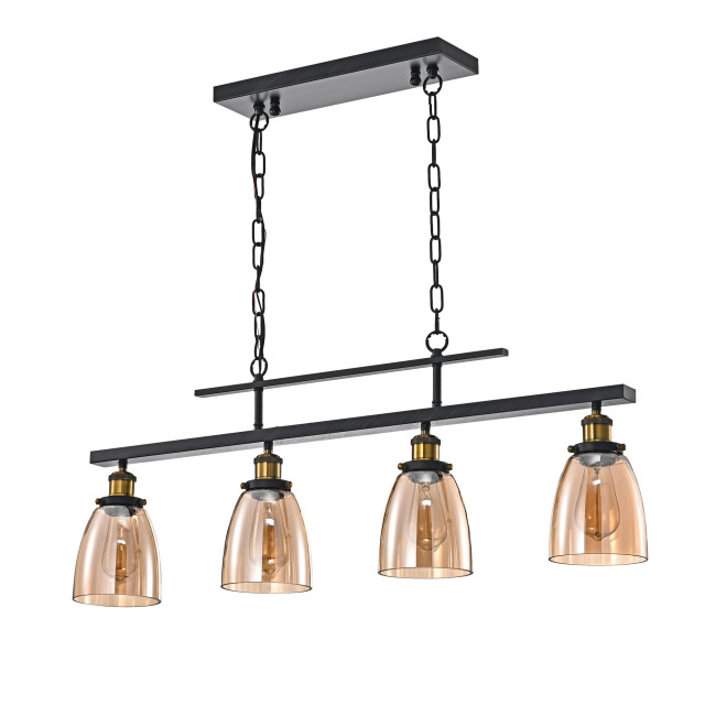 4 Light Antique Black Downlight Linear, Contemporary Amber Glass Chandelier Shades