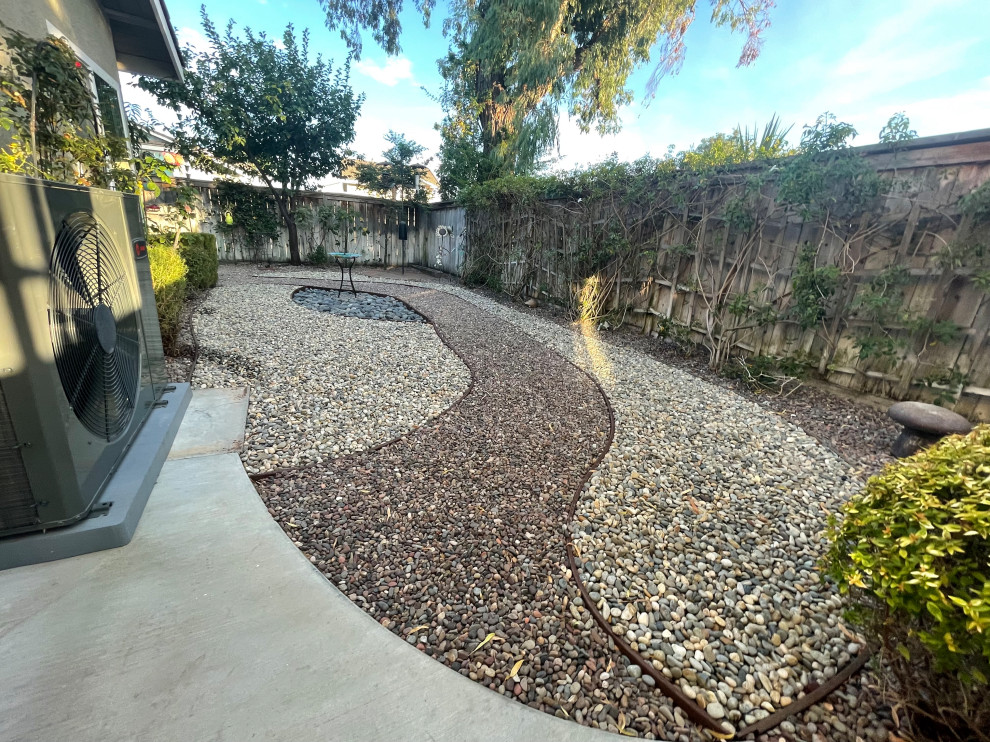 На фото: солнечный, летний засухоустойчивый сад среднего размера на заднем дворе в стиле модернизм с камнем в ландшафтном дизайне, хорошей освещенностью и покрытием из гравия
