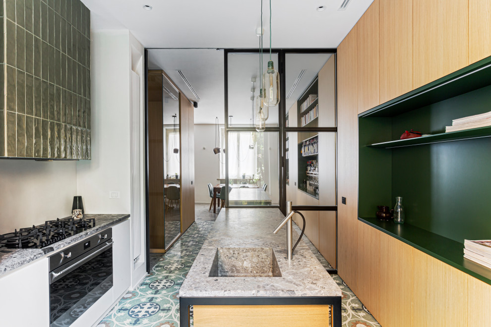 Inspiration for a large modern galley eat-in kitchen in Milan with an integrated sink, beaded inset cabinets, light wood cabinets, marble benchtops, stainless steel appliances, marble floors, multiple islands, multi-coloured floor and grey benchtop.
