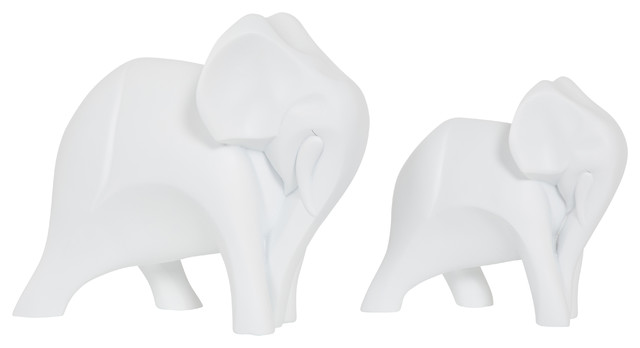 Elephant Ornaments Sculptures, 2-Piece Set, White