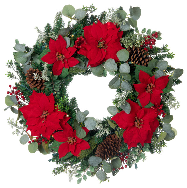 30" Lighted Christmas Wreath, Christmas Poinsettia Traditional