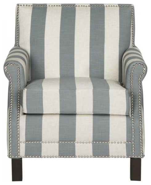 Tamar Club Chair With Awning Stripes Silver Nail Heads Grey/ White
