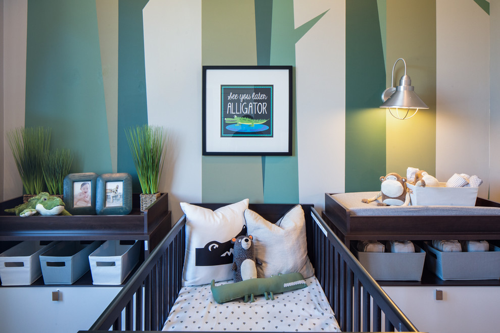Inspiration for a transitional nursery for boys in Orange County with multi-coloured walls.