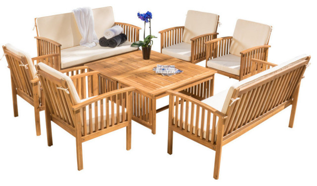 Beckley Outdoor 8-Piece Wood Sofa Seating Set with Water Resistant ...