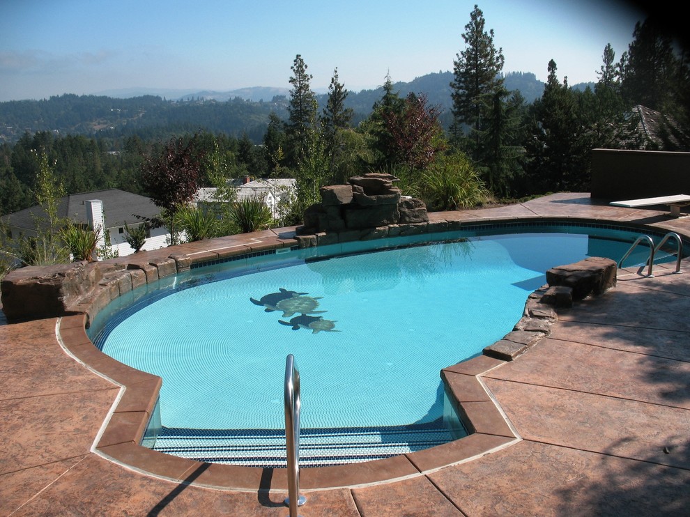 Mid-sized trendy backyard stamped concrete and kidney-shaped lap pool fountain photo in Other