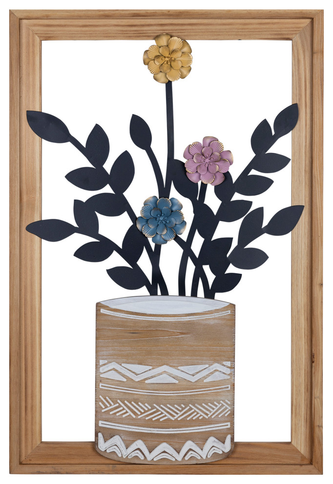 Stratton Home Decor Farmhouse Metal Flowers, Vase Framed Wall Decor, 15
