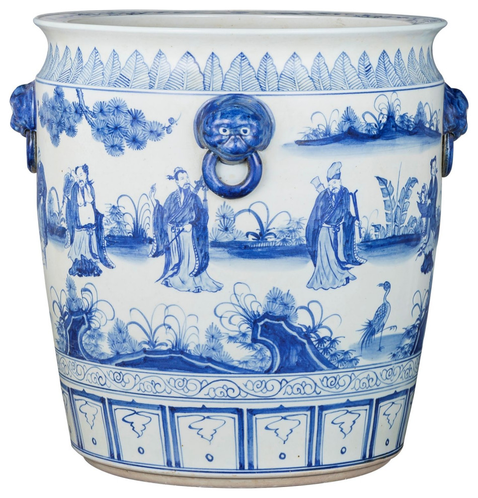 BW Eight Immortals Planter With Lion Handle Asian Indoor Pots And