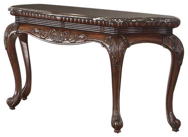 Traditional Style Engraved Sofa Table With Marble Top Dark Cherry Brown