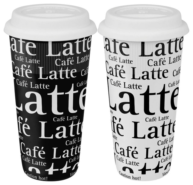 Set of 2 Large Travel Mugs Cafe Latte Black & Cafe Latte White