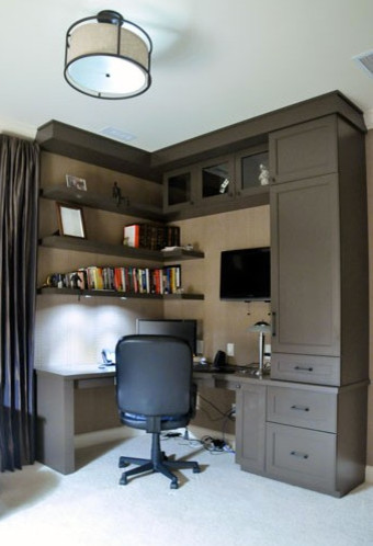 Design ideas for a small transitional study room in Chicago with grey walls, medium hardwood floors, no fireplace and a built-in desk.
