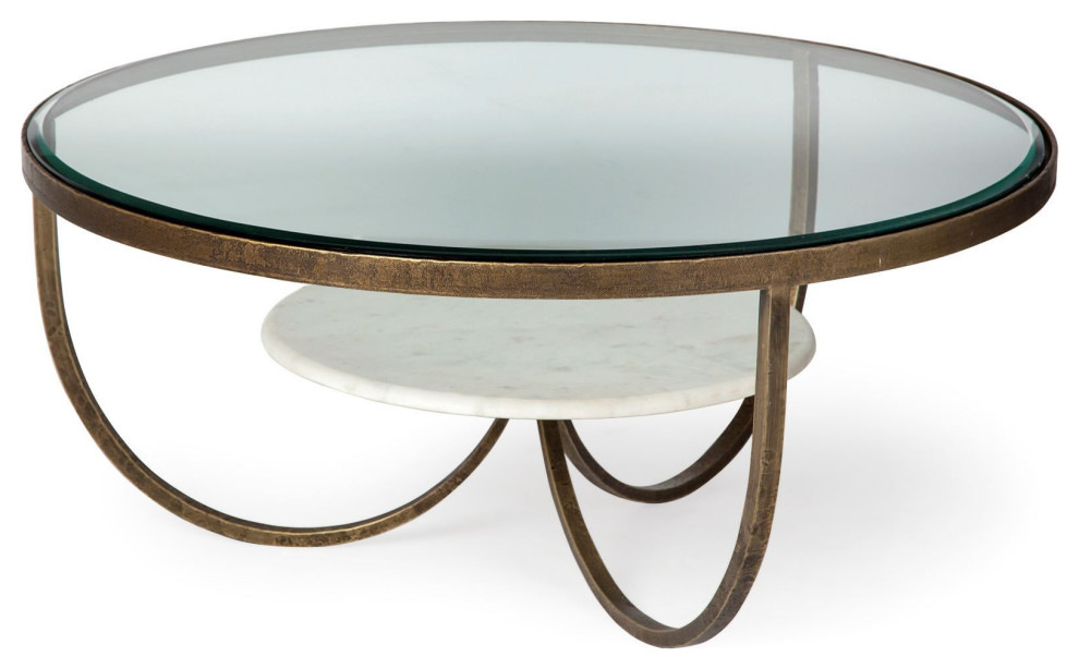 HomeRoots 36" Round Glass Top Marble Shelf Gold Base Coffee Table, 36