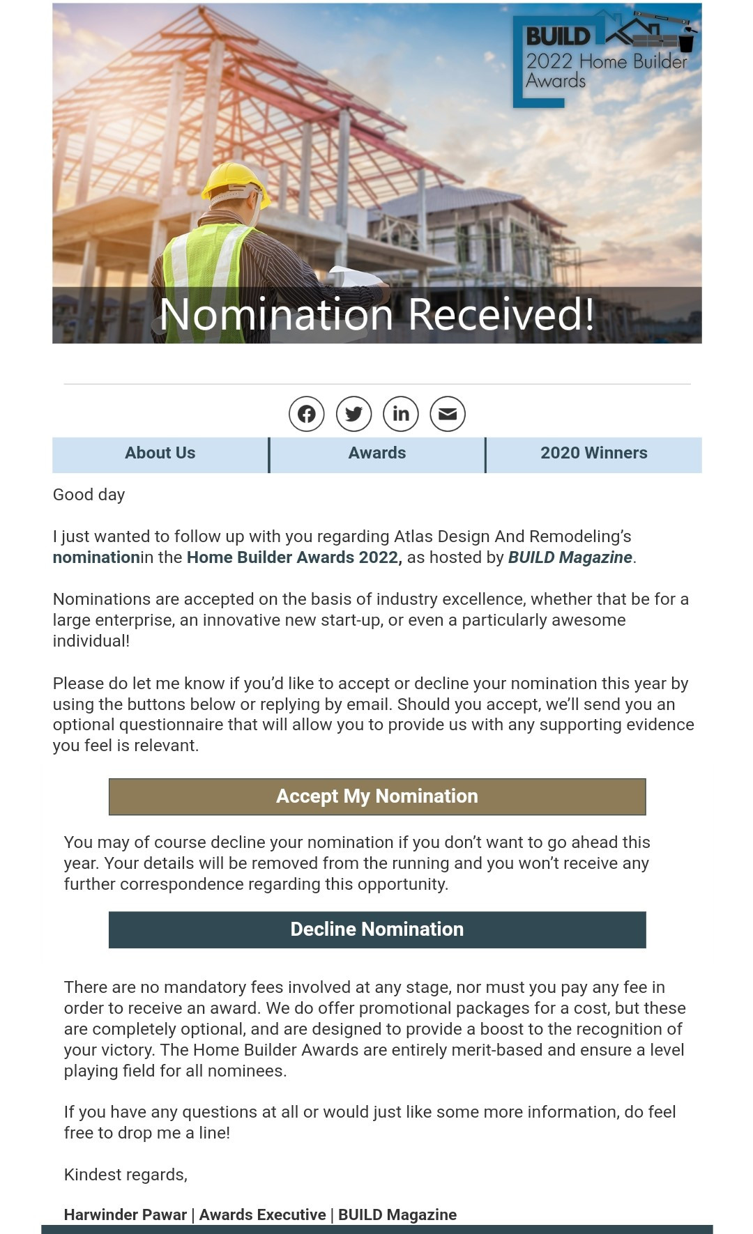 Nomination for Home Builder Awards 2022 received.