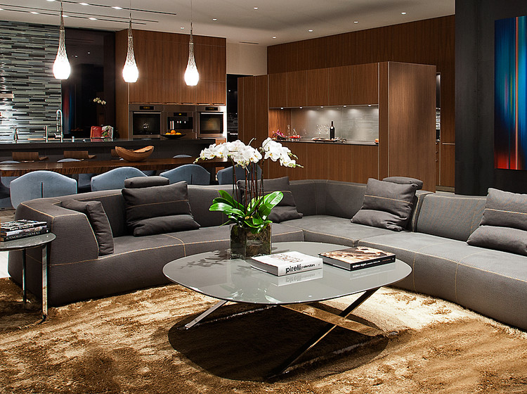 Living room - large modern formal and open concept vinyl floor living room idea in New York with black walls, no fireplace and no tv