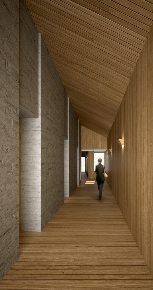 Cette photo montre un couloir montagne en bois de taille moyenne avec un mur gris, un sol en bois brun, un sol marron et un plafond en bois.