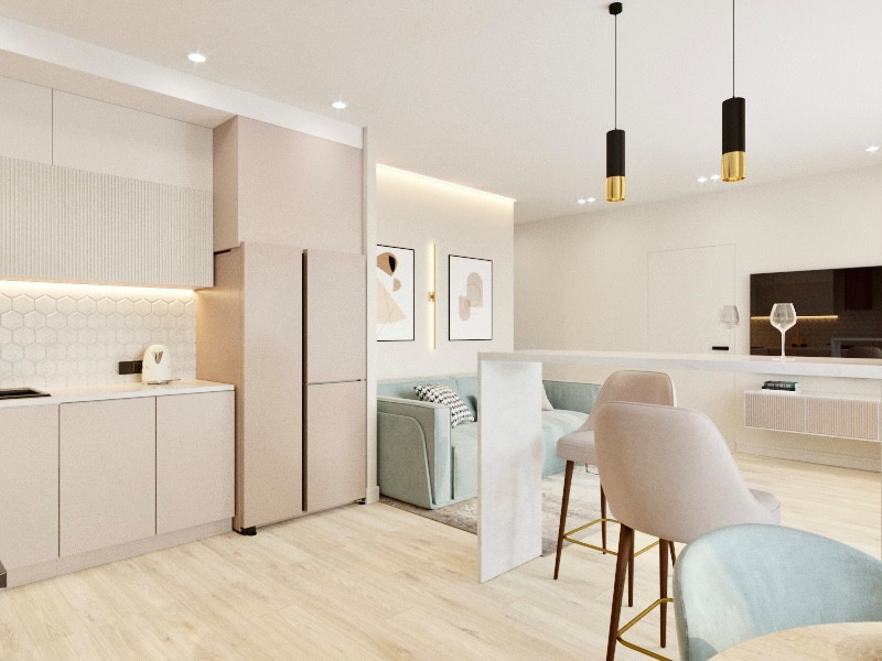 "Нотки Ментола" в кухни-гостиной для молодой пары в ЖК Лесопарковый