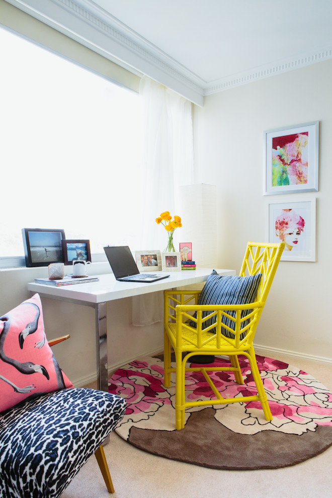 Photo of a small beach style home office in Sydney with white walls, carpet and a freestanding desk.