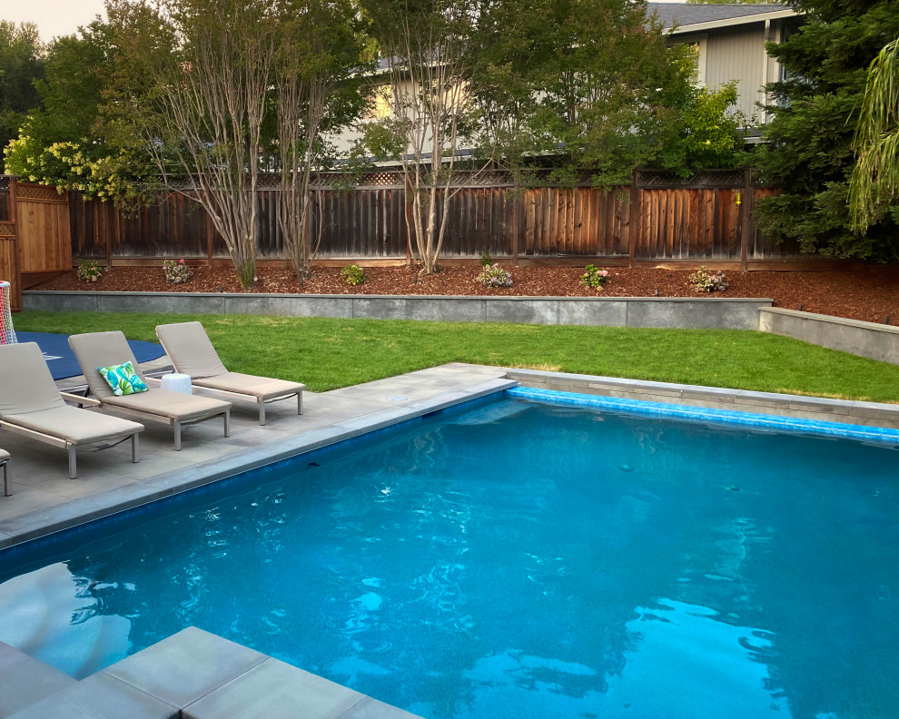 Large midcentury backyard rectangular lap pool in San Francisco with with a pool and concrete pavers.