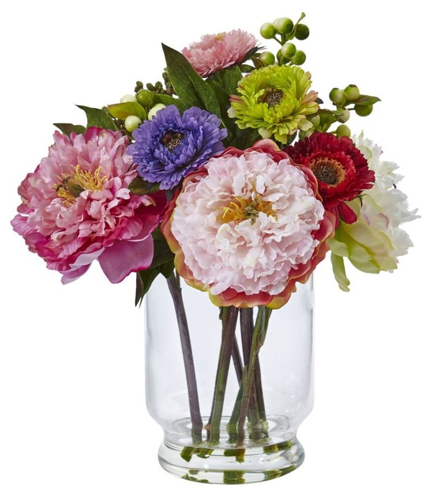 Peony And Mum In Glass Vase