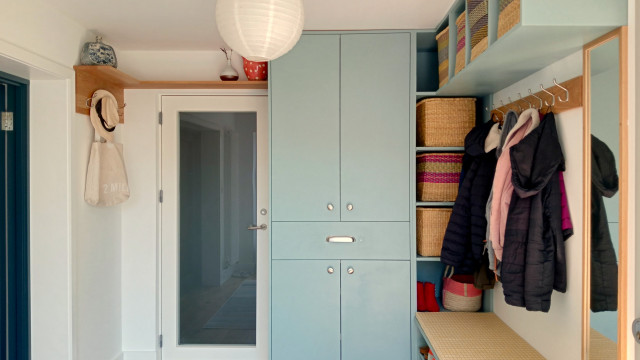 Oak and light grey modern open plan kitchen contemporary