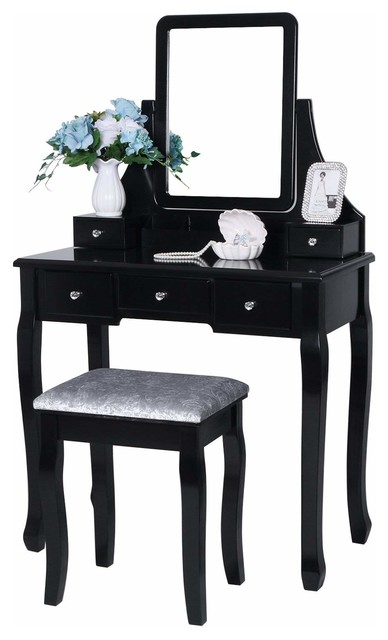 Black Vanity Table Makeup Set Dressing Table Dresser with Oval Mirror 5 Drawers Cushioned Stool for Bedroom Home