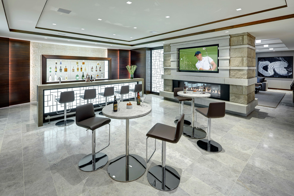Example of a trendy gray floor wet bar design in Detroit with beige backsplash and gray countertops