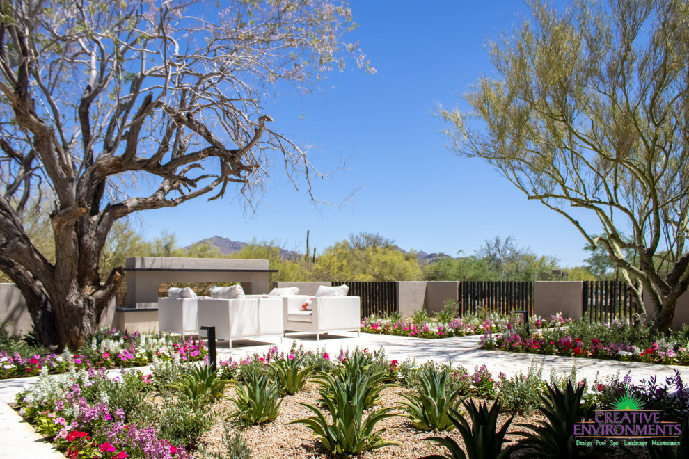 Geometrischer, Geräumiger, Halbschattiger Moderner Garten im Sommer, hinter dem Haus mit Pergola, Betonboden und Metallzaun in Phoenix