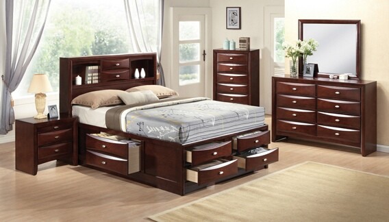 5 pc ireland collection espresso finish wood queen captains bedroom set with sto