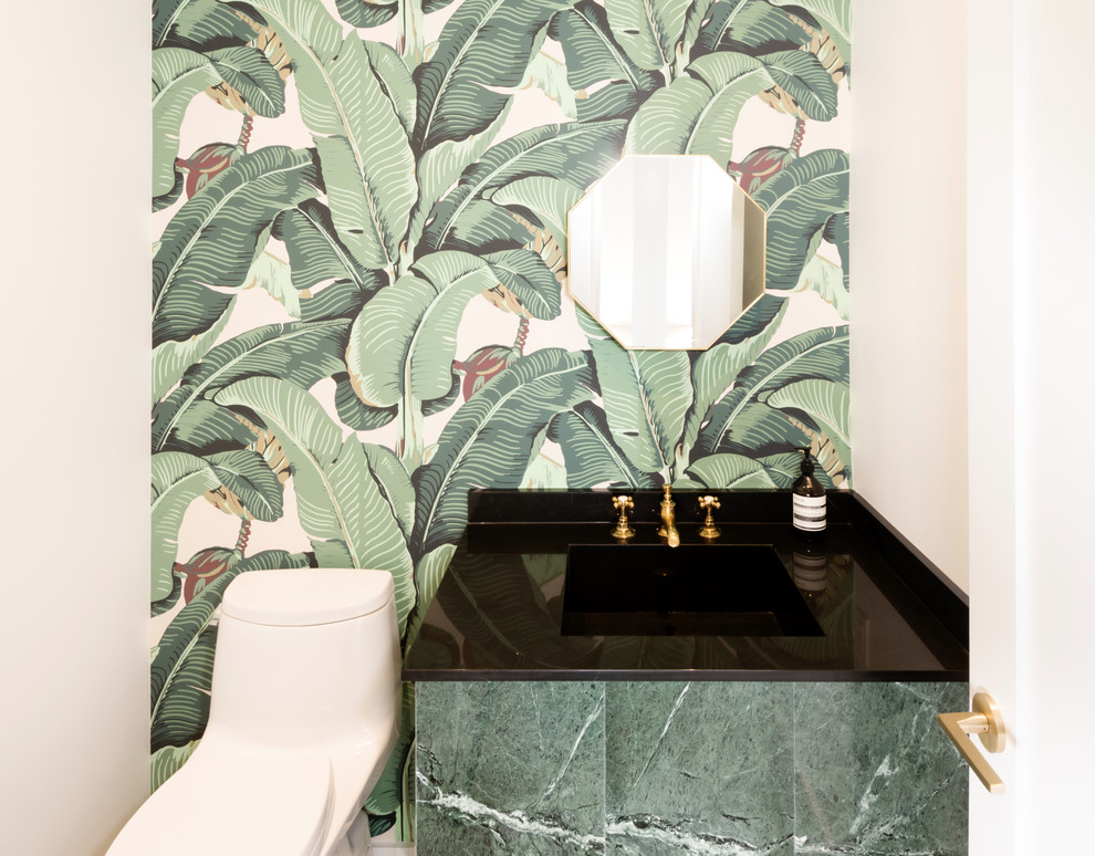 Photo of a small scandinavian powder room in Toronto with flat-panel cabinets, green cabinets, green walls, an undermount sink, marble benchtops and black benchtops.