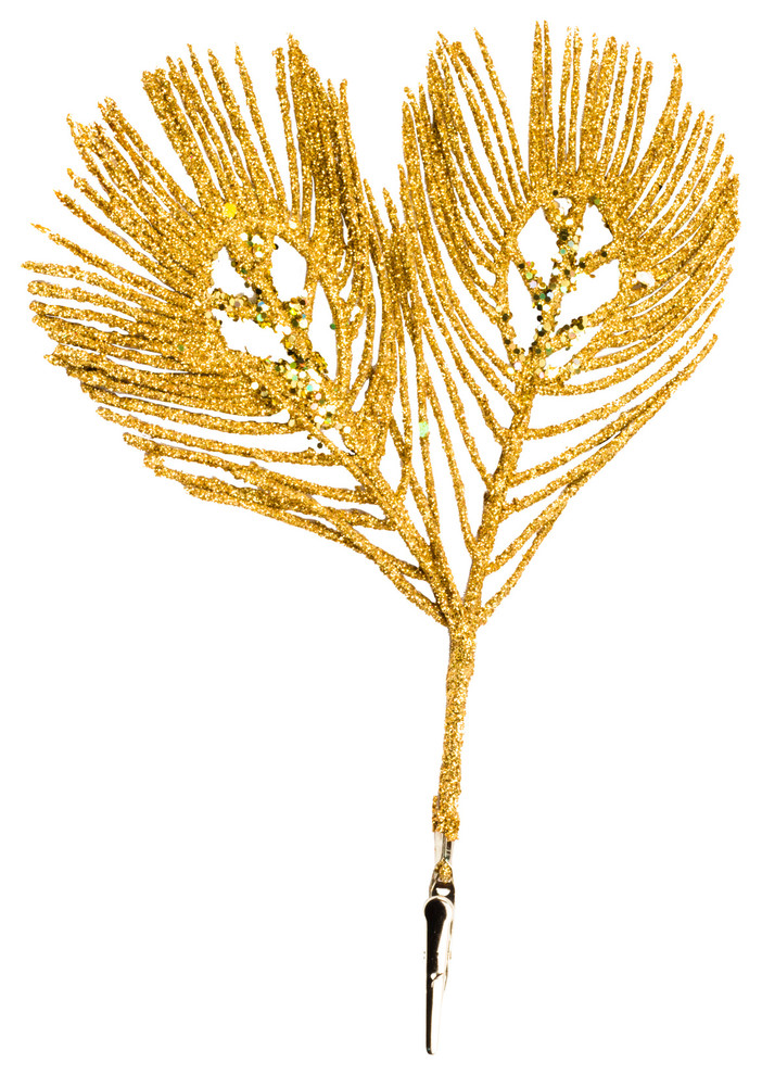7" Gold Glitter Peacock Pick With 2 Feathers Contemporary