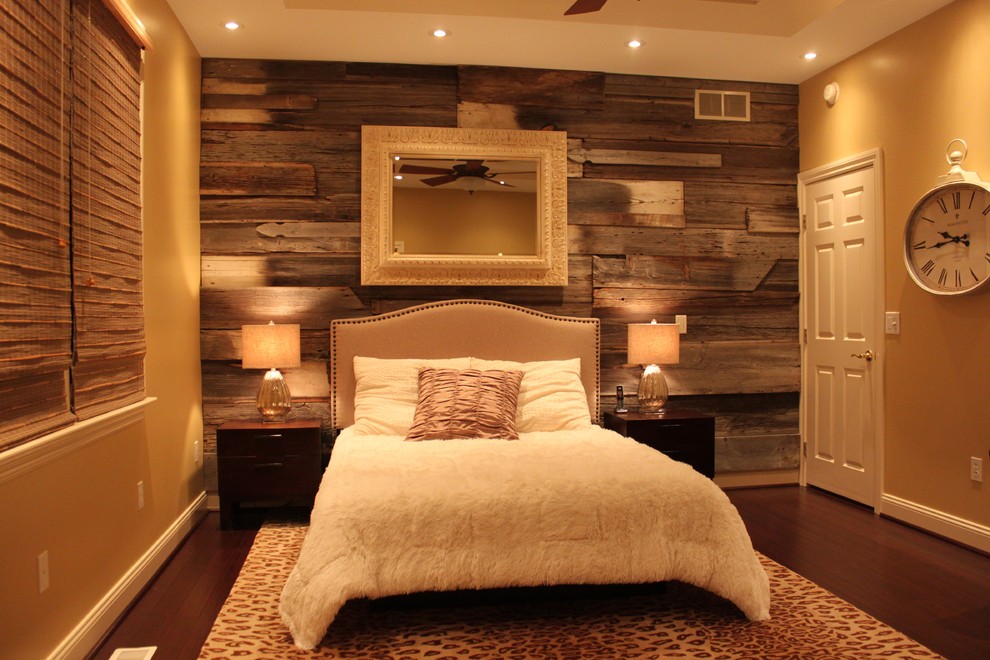 Bedroom - transitional master bamboo floor bedroom idea with yellow walls